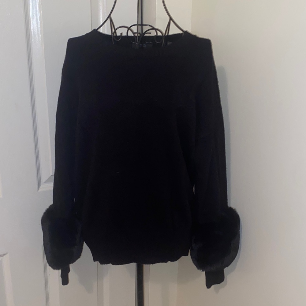 Tahari Black Sweater with Faux Fur Cuffs
